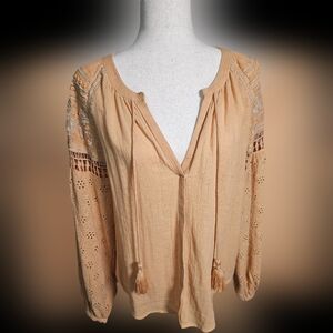 Embroidered and Eyelet 100% Cotton Peach Boho Detail Top with Puff Sleeves Notag